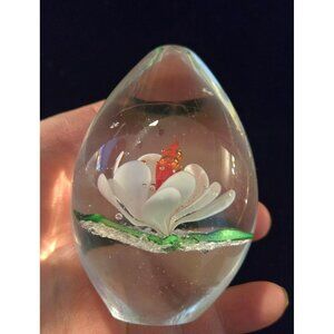 Handcrafted Clear Glass Egg Paperweight With White Flower & Red Accents By Ruby